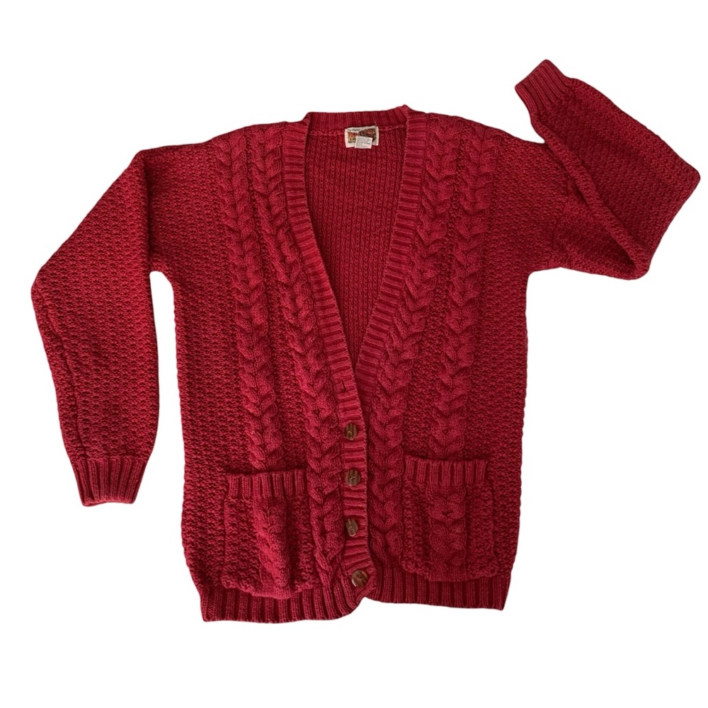 VTG Red Camel Cable Knit Cardigan Juniors M Red Long Sweater 80s Shoulder Pads
